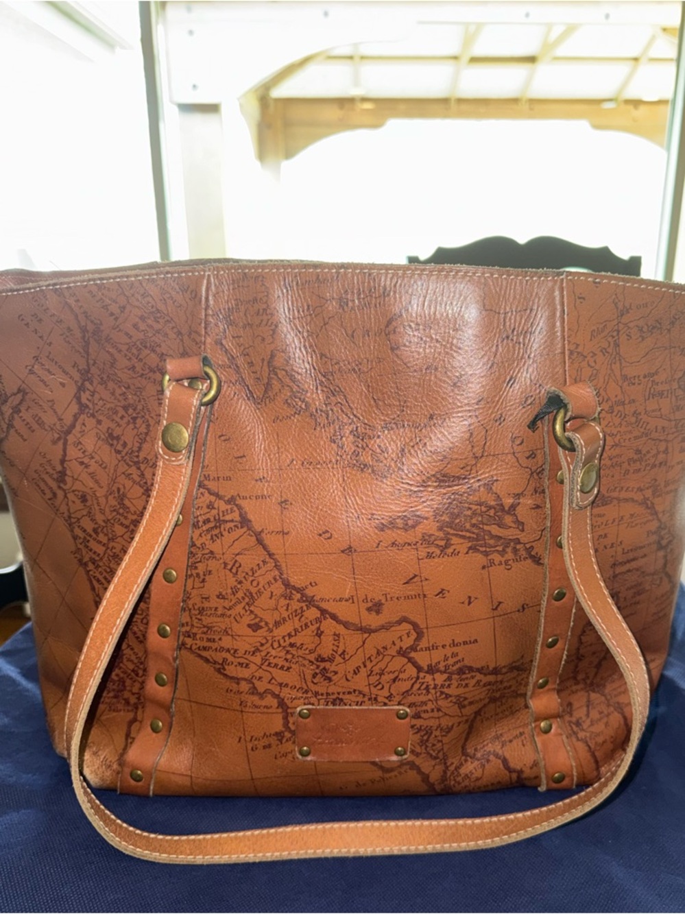Patrisha Nash Brown Leather Tote Bag with Map Print